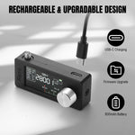 Load image into Gallery viewer, Black electronic device with USB-C charging cable on a gray background, featuring text about rechargeable and upgradeable design.