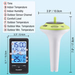 Load image into Gallery viewer, Temperature and humidity monitor with digital display and solar panel, showing measurements and dimensions.