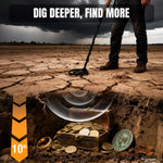Load image into Gallery viewer, Person using a MD120A metal detector on dry, cracked land with coins and a treasure chest emerging from the ground.