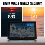 Load image into Gallery viewer, Raddy N90 Wi-Fi Weather Station clock displaying sunrise and sunset times with weather information, brand 'RADDY' visible.