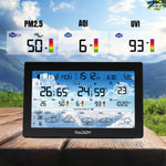 Load image into Gallery viewer, Raddy N90 Wi-Fi Weather Station display with air quality indicators on a wooden surface with a scenic