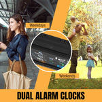 Load image into Gallery viewer, Dual alarm clock with lifestyle images of a woman, family, and close-up of the clock.