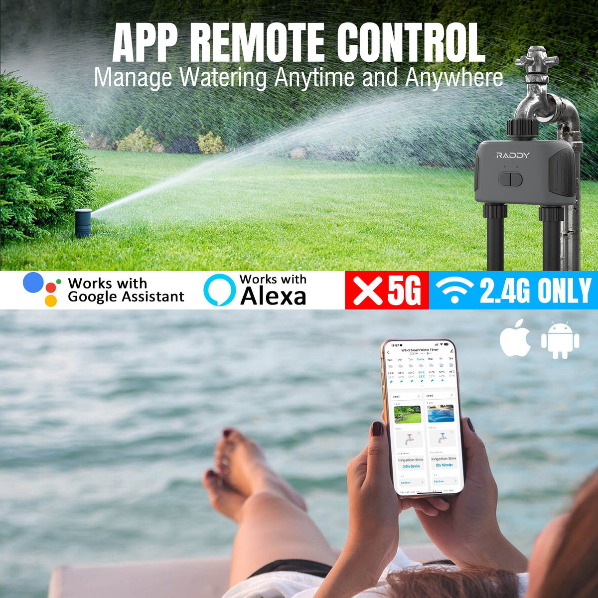 Raddy WS-5 Dual Zone Garden Hose Timer - Programmable Water Timer With Rain Delay, LCD Screen, For Yard Sprinklers