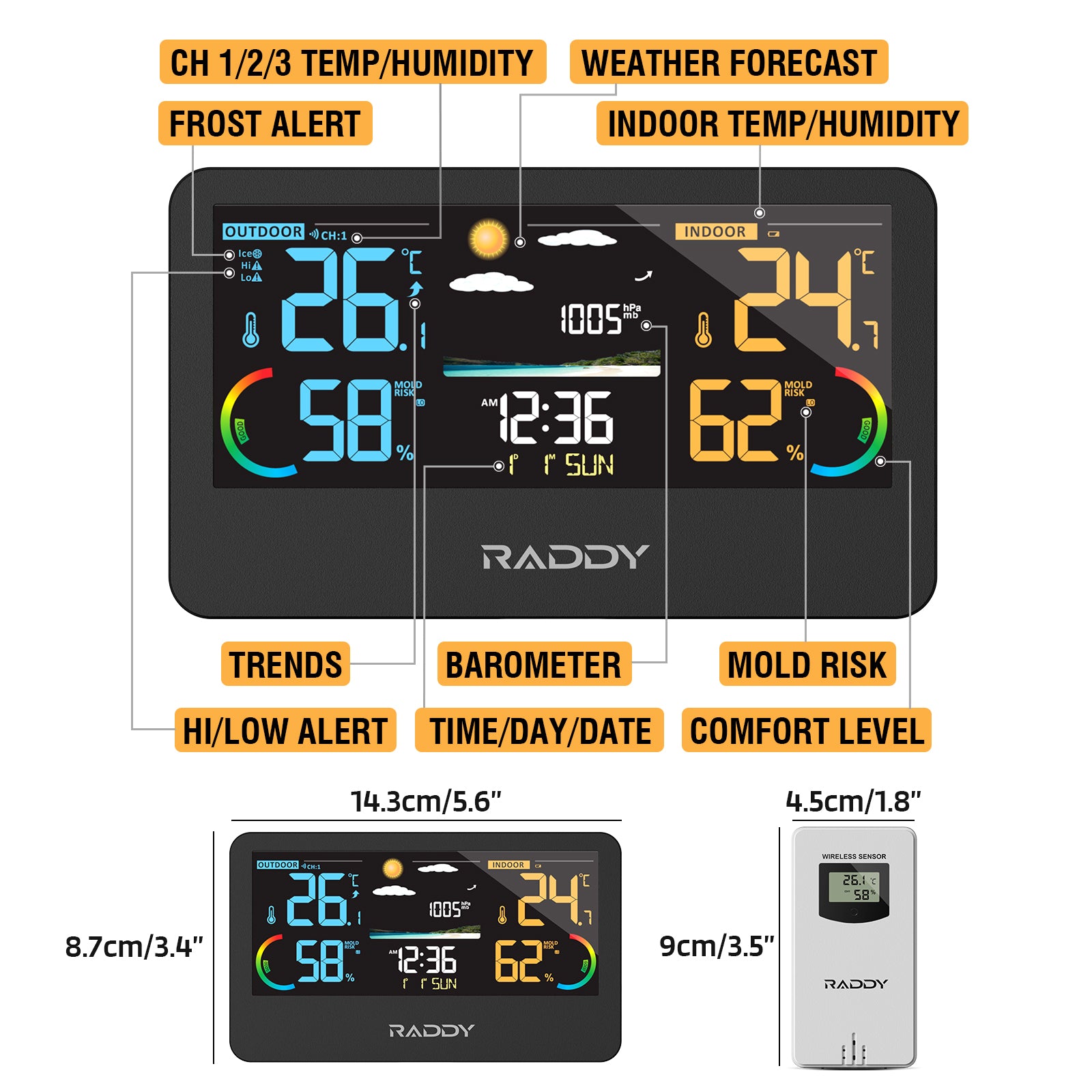 Raddy Weather Station Wireless Indoor Outdoor Thermometer