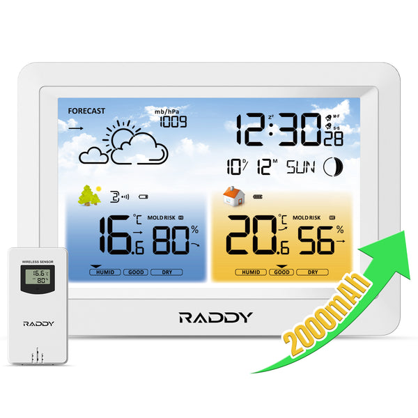 Raddy DT6 Weather Station | Temperature Humidity | Dual Alarm Clock | Adjustable Backlight, EU