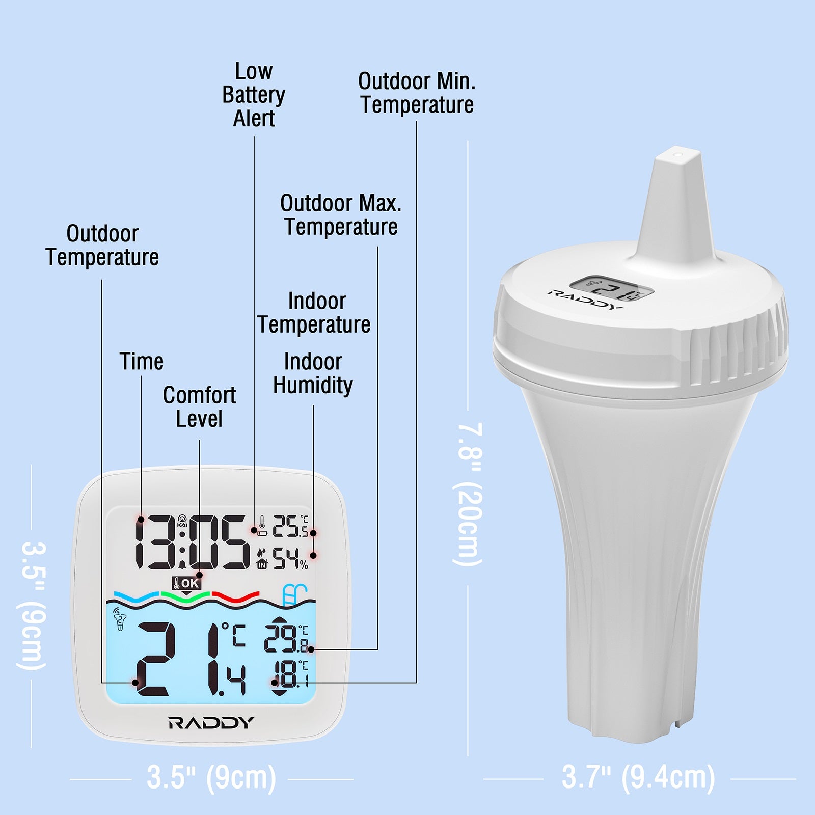 PT-2 Wireless Pool Thermometer size and display instructions