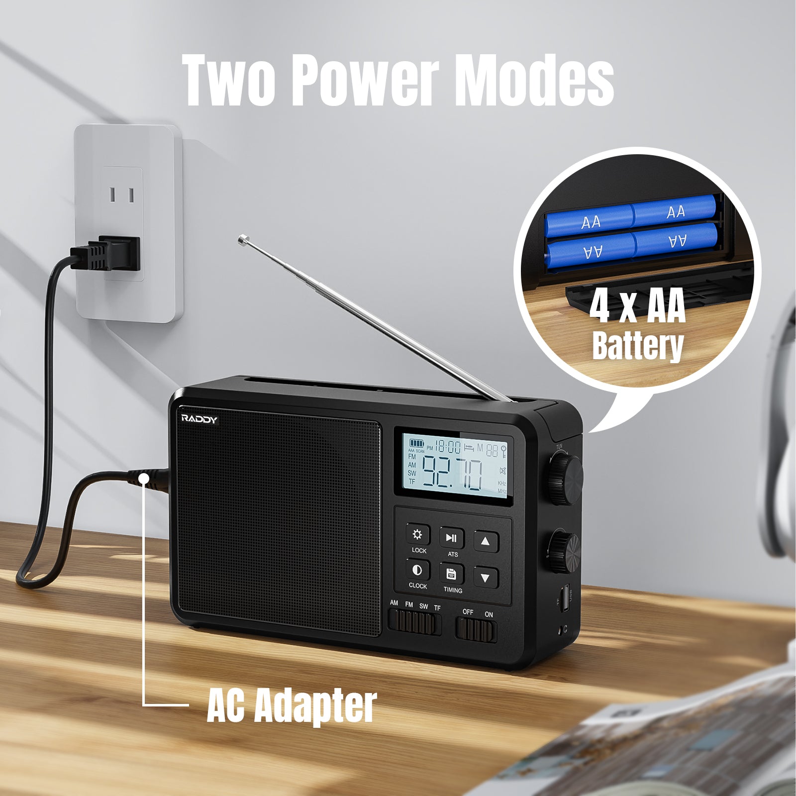 RF206 Portable Shortwave Radio two power modes