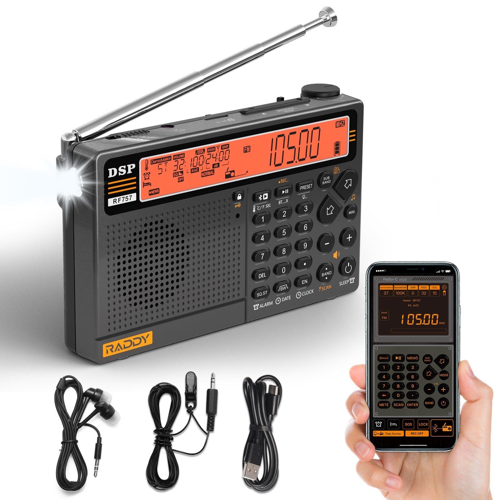 RF757 Shortwave Radio with earphones and 3.5mm wire antenna 