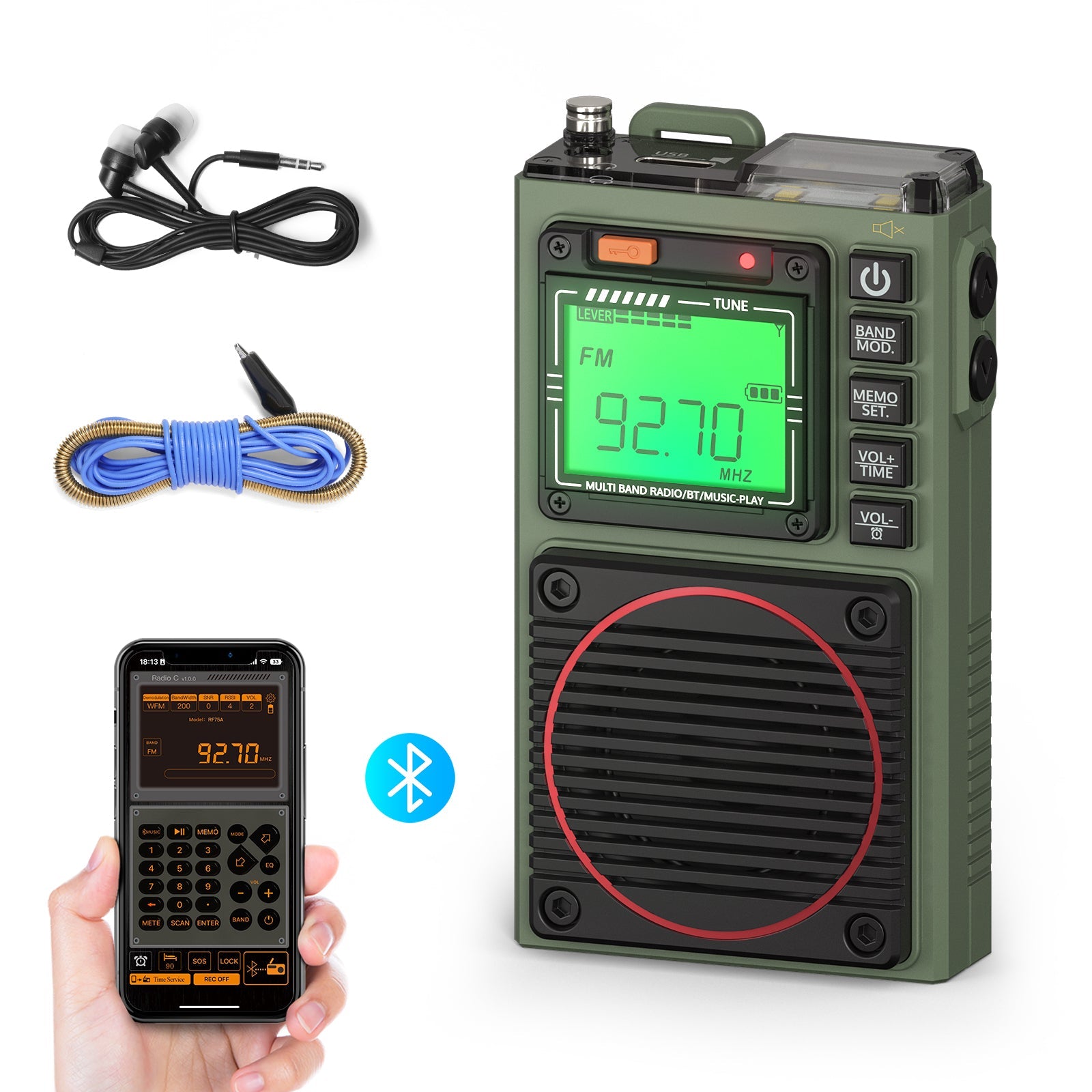 RF75A APP Control SW Radio green version with earphones and wire antenna 