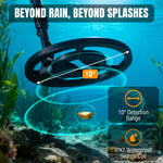 Load image into Gallery viewer, MD120A Metal detector underwater with text &#39;Beyond Rain, Beyond Splashes&#39; and specifications.
