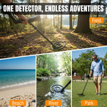 Load image into Gallery viewer, MD120A Metal detector being used in various outdoor settings with text &#39;One Detector, Endless Adventures&#39;.
