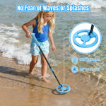 Load image into Gallery viewer, Child using a metal detector in the water with product features highlighted.
