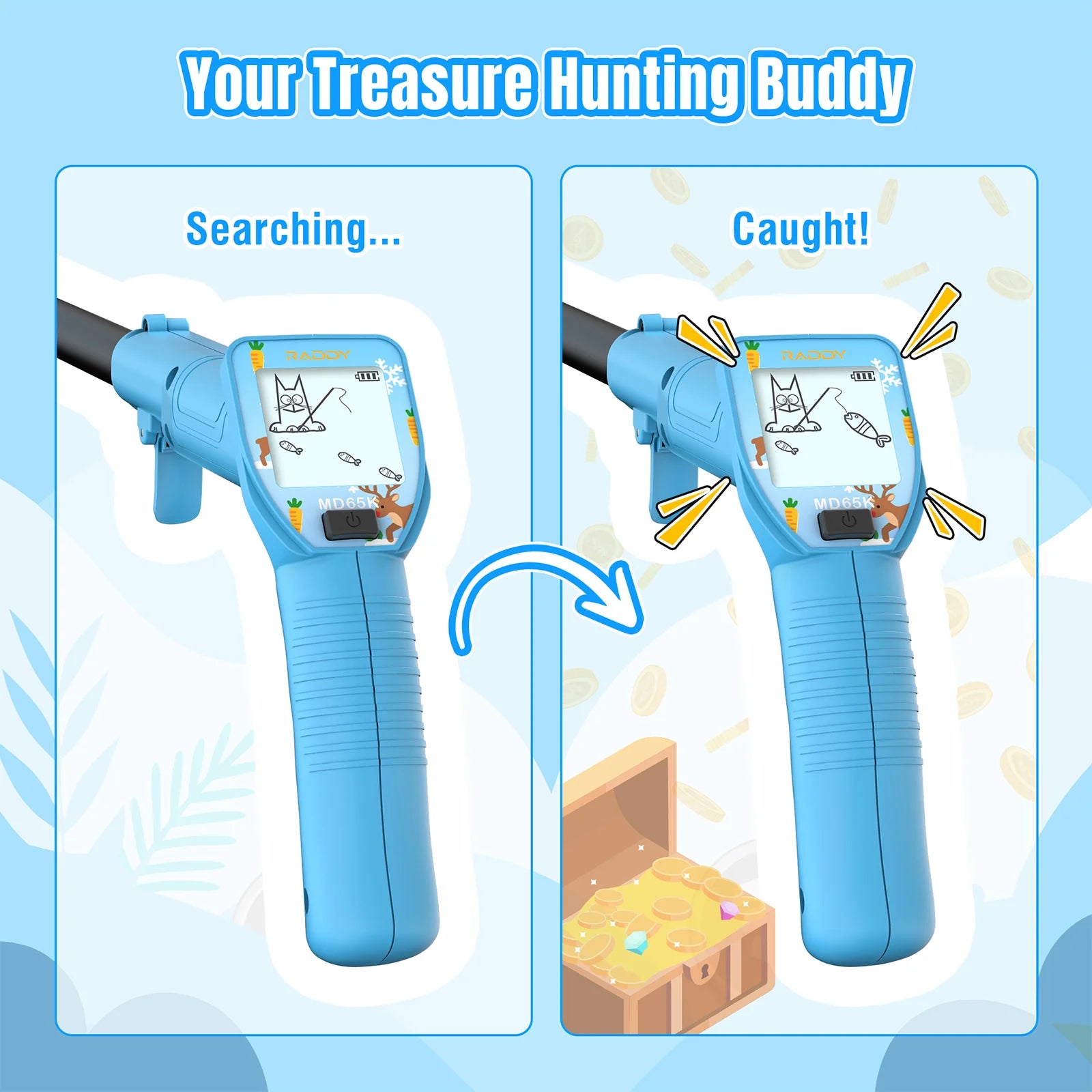 Blue handheld device with screen showing treasure hunting theme on a blue background