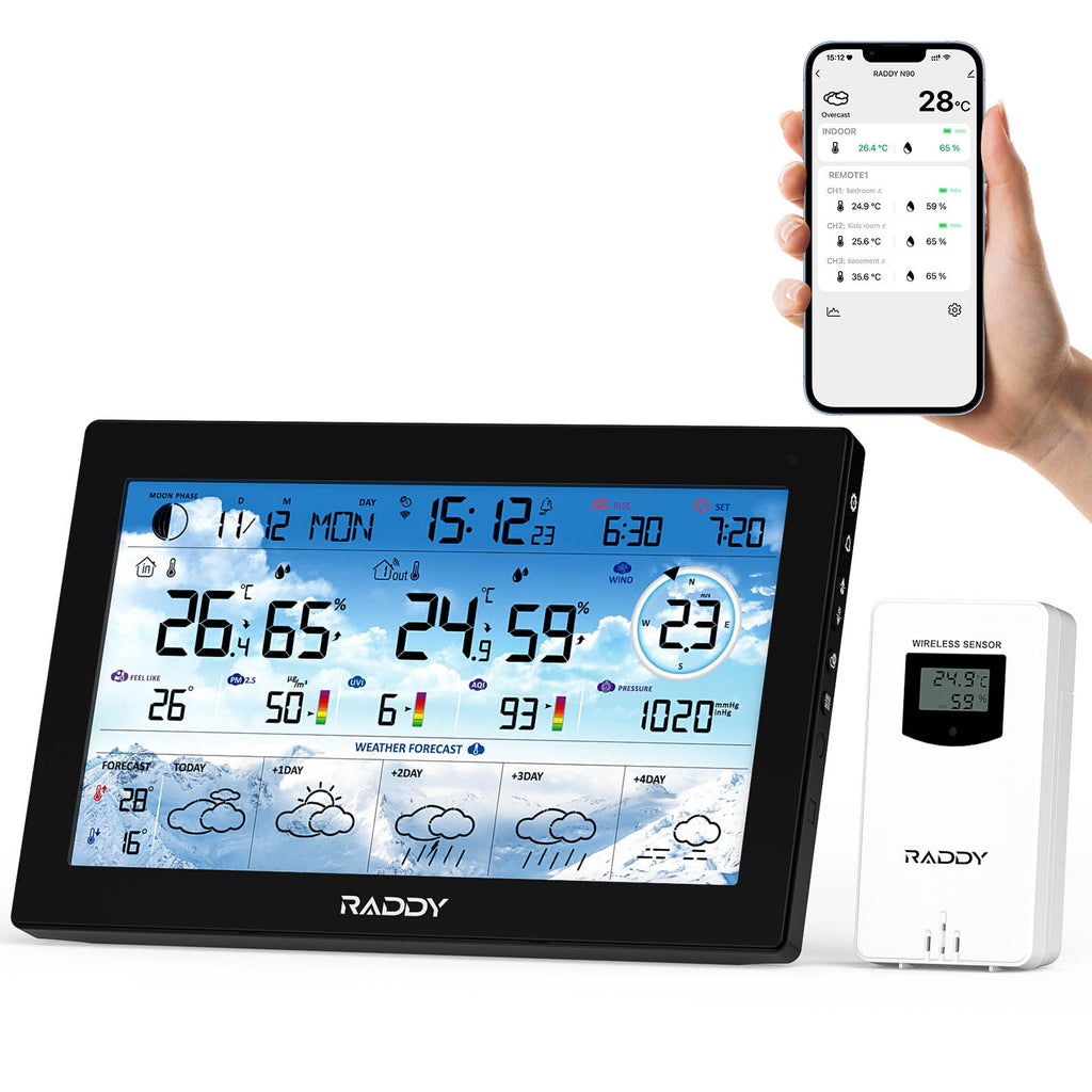 Raddy N90 Wi-Fi Weather Station with digital display and wireless sensor, shown with smartphone app.