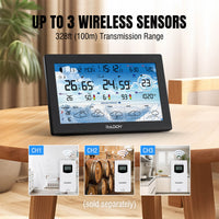 Raddy N90 Wi-Fi Weather Station with digital display on a table, showing temperature and weather conditions.