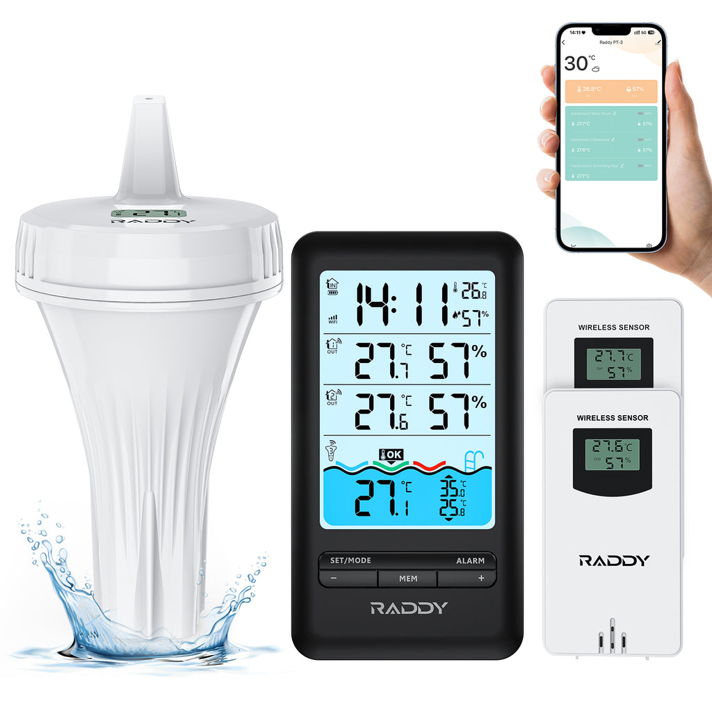 Raddy PT-3 Wi-Fi Pool Thermometer with console and two sensors