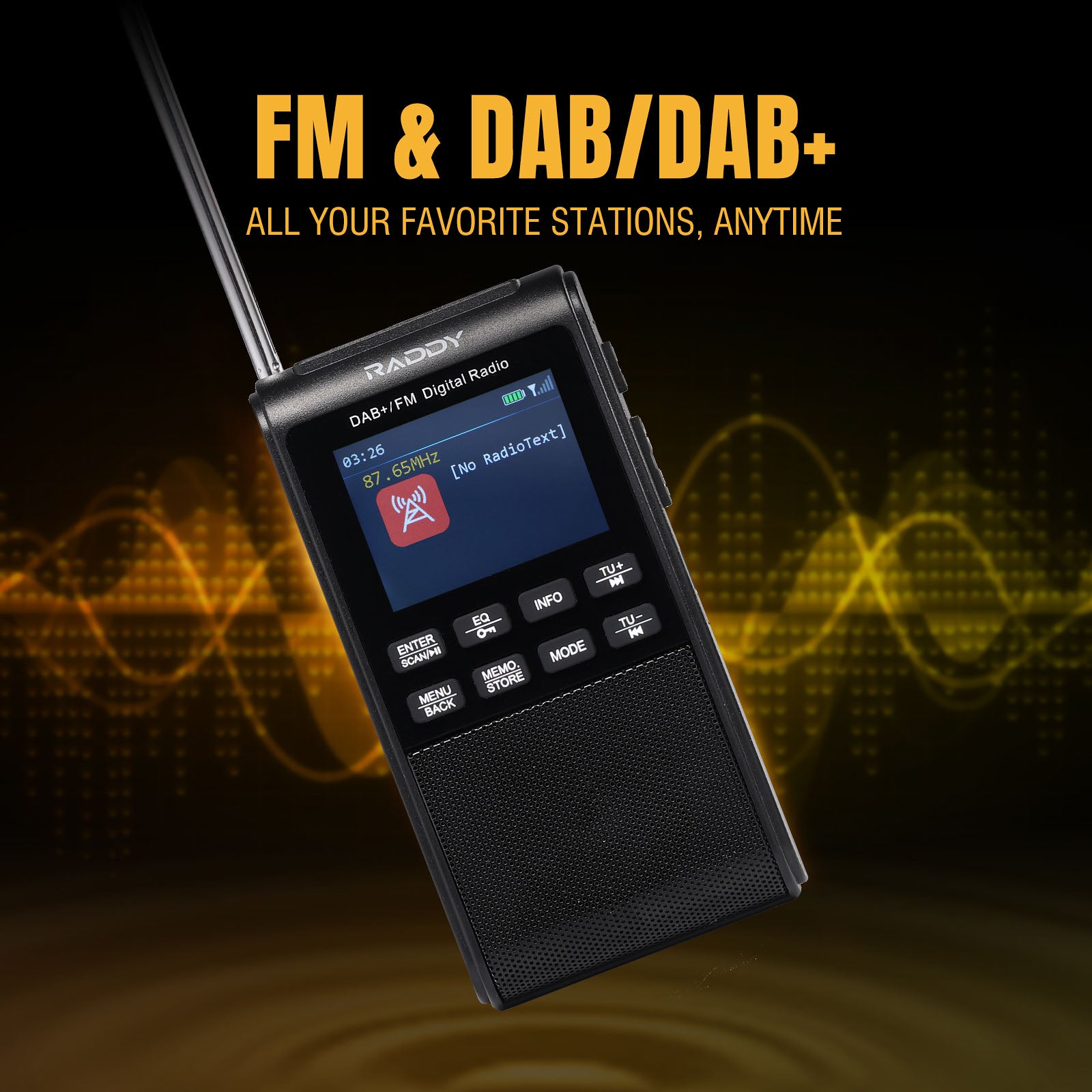 Raddy RD939 digital radio with DAB/DAB+ capabilities on a dark background with glowing yellow waveforms.