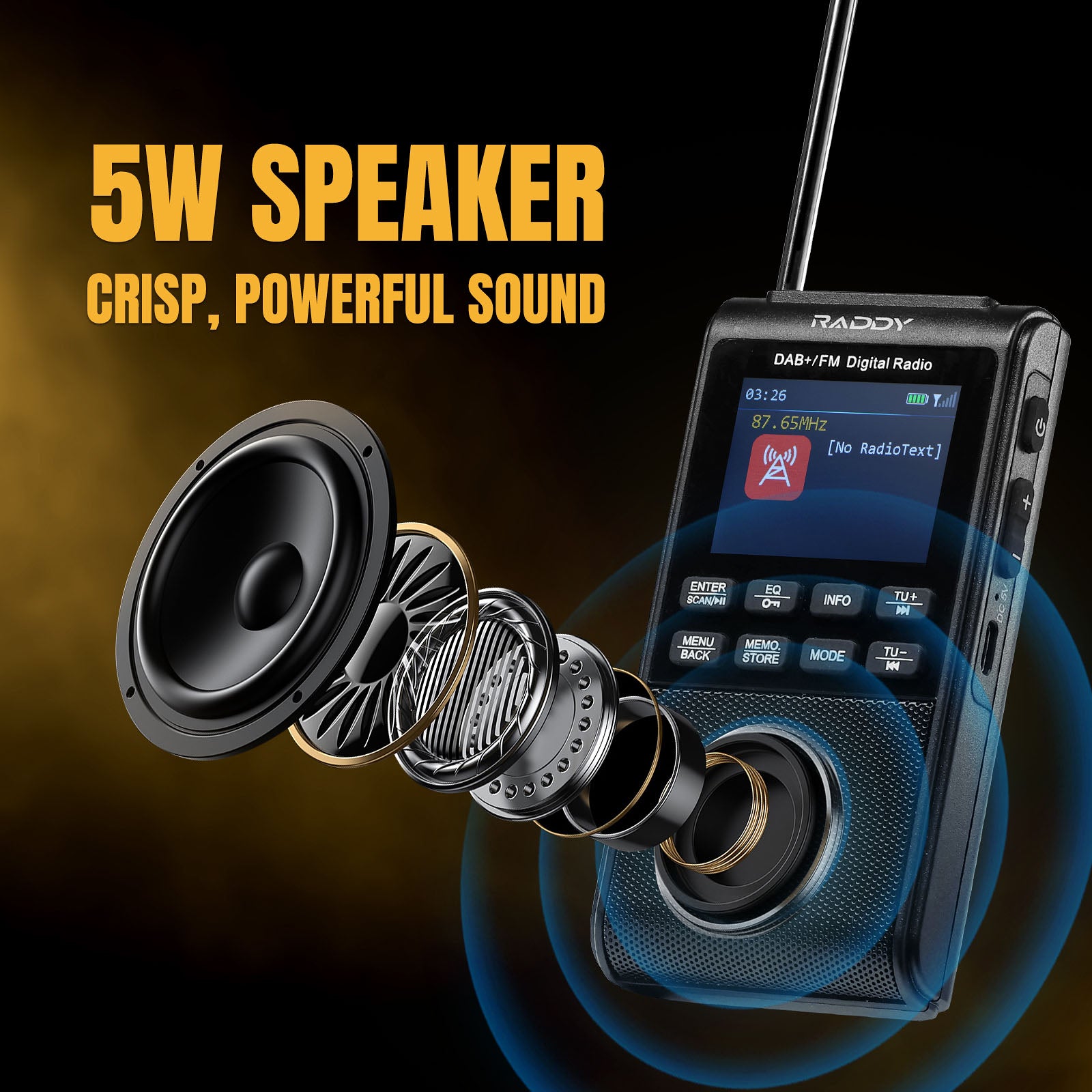 RD939 Digital radio with 5W speaker and detailed components on a dark background