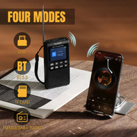 Raddy RD939 Portable radio receiver with smartphone on a wooden surface, featuring text 'Four Modes' and icons.