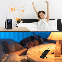 Raddy RD939  radio receiver with DAB+ and FM indicators, used by a person waking up and a couple lying in bed.