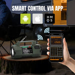 Load image into Gallery viewer, Raddy SH-907 Emergency Radio with digital display and control buttons, connected to a larger device, with text &#39;Smart Control via App&#39; and app icons.
