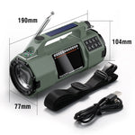 Load image into Gallery viewer, Green Raddy SH-907 Emergency Radio with solar panel, USB cable, and strap on a white background
