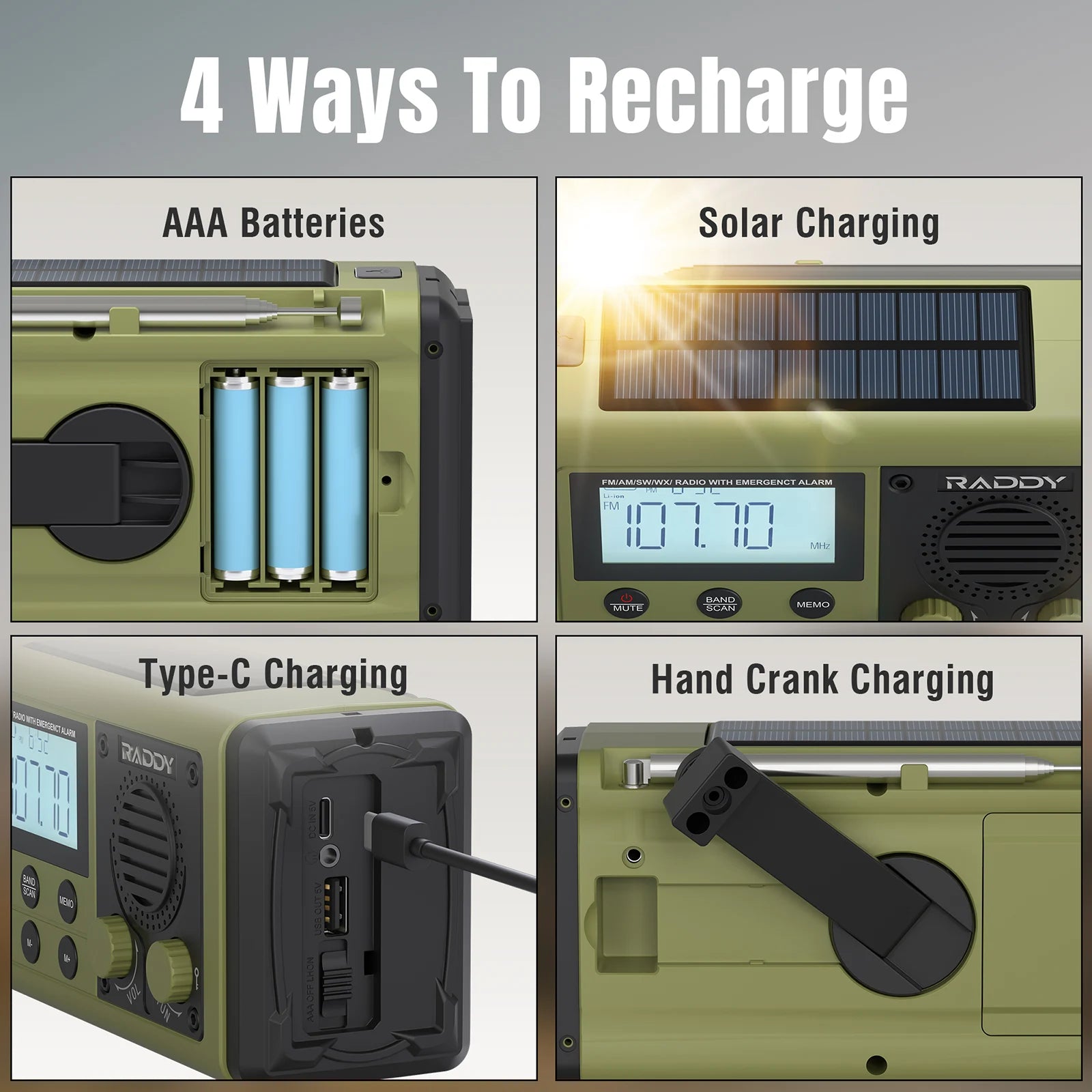 Four methods to recharge SH-908 with batteries, solar panel, Type-C cable, and hand crank.