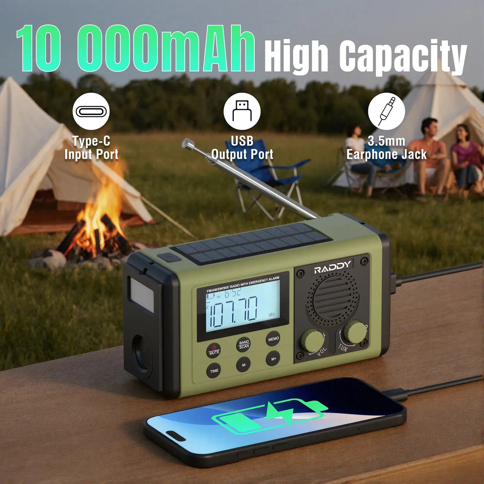 Rugged green SH-908 radio with solar panel on a camping scene, showing charging capabilities.