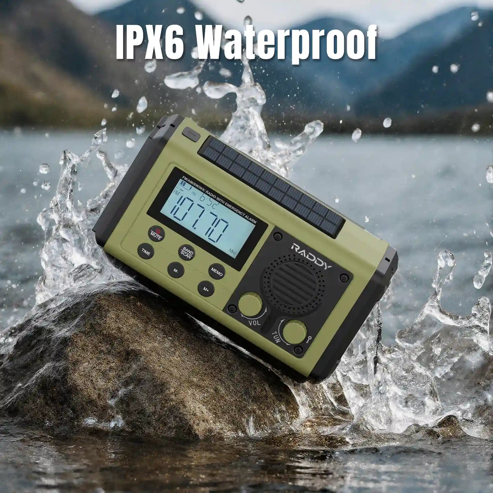 RuggedSH-908  radio with IPX6 waterproof label being splashed by water