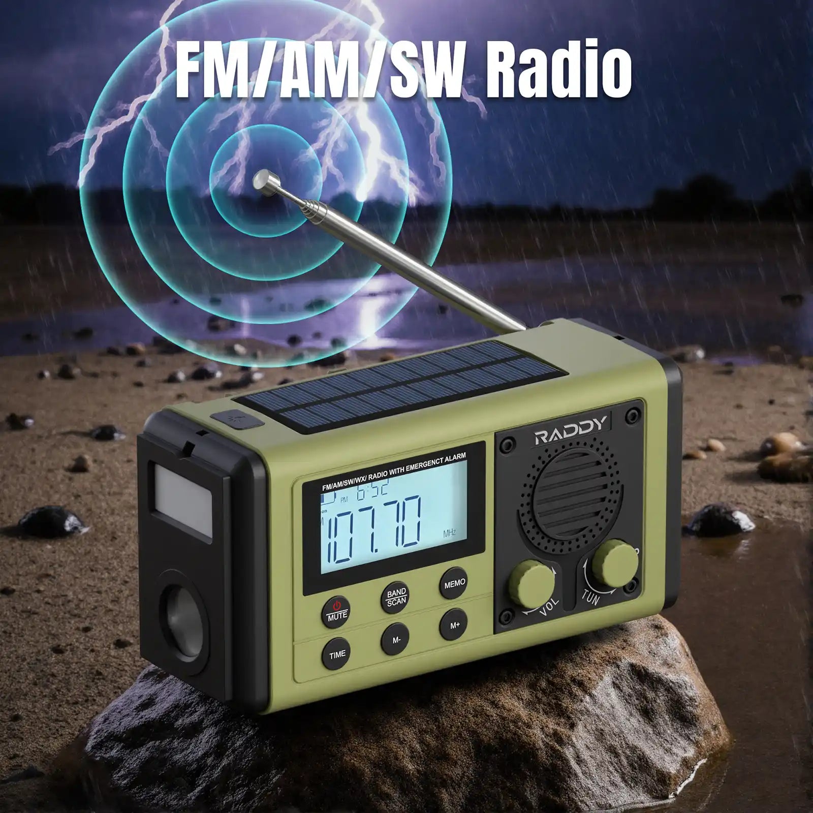 Green SH-908 radio with solar panel on a rock, surrounded by a stylized lightning bolt and 'FM/AM/SW Radio' text.