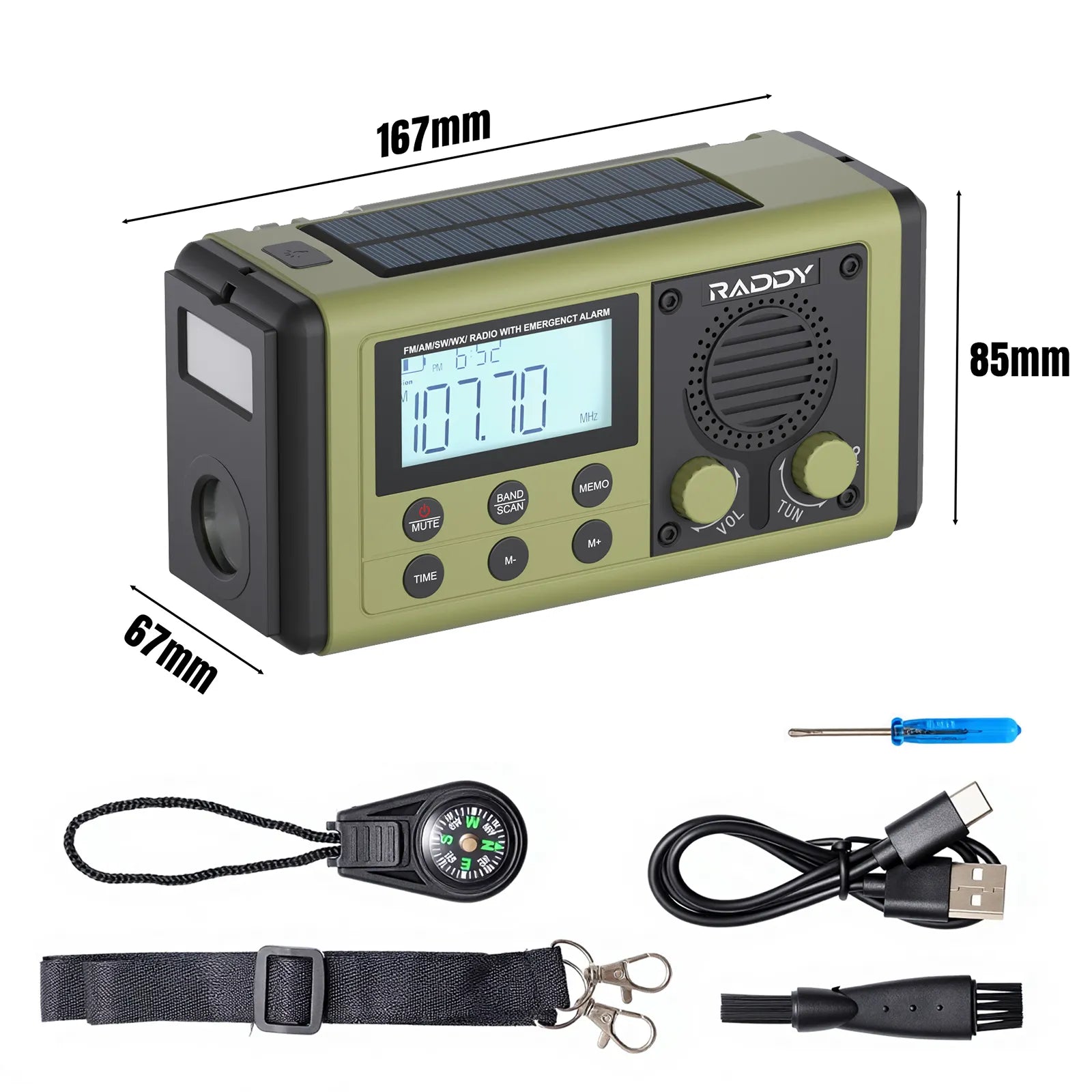 Raddy SH-908 radio with solar panel, compass, strap, and USB cable on a white background