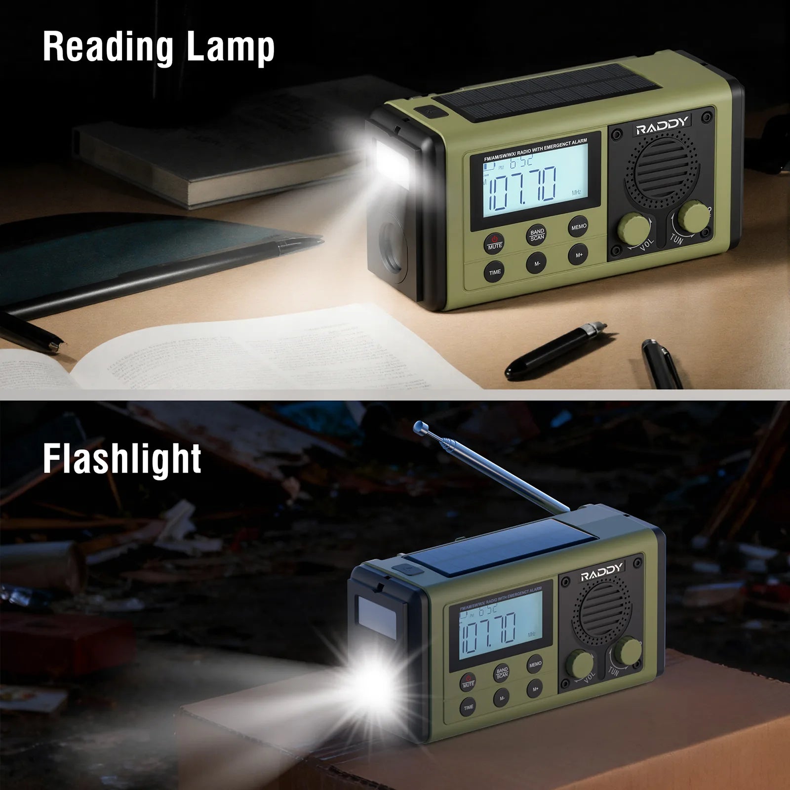 SH-908 with reading lamp and flashlight features on a table.