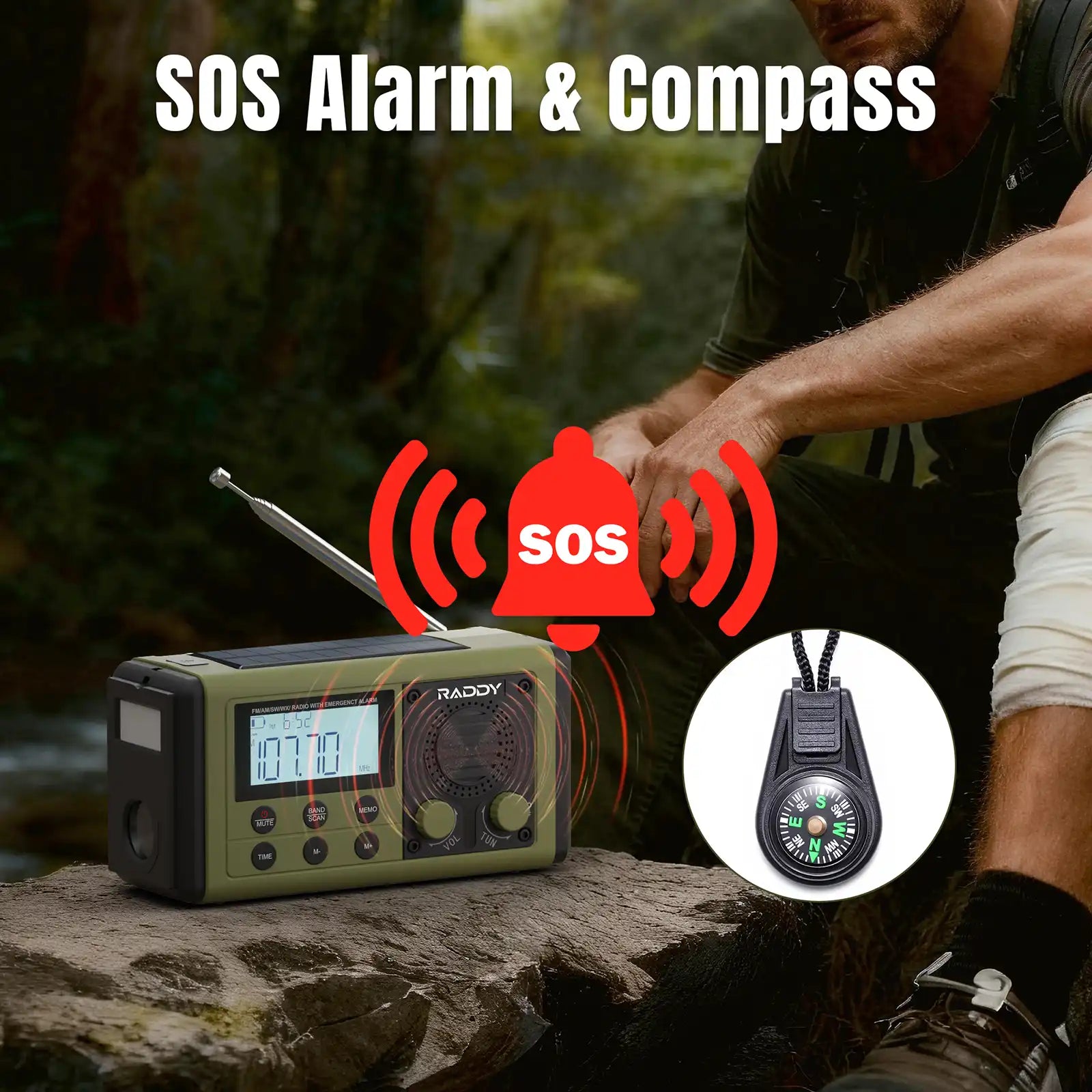 SH-908 Radio with SOS alarm and compass on a rock, surrounded by nature.