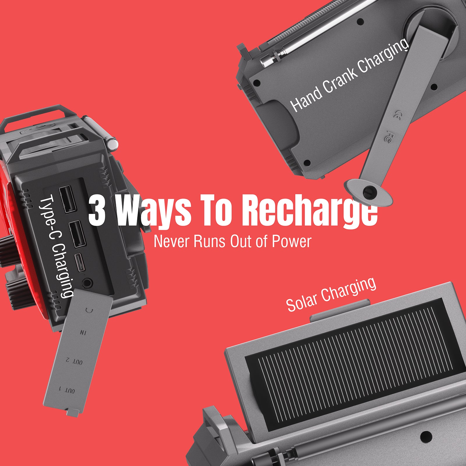 SW10 radio supports 3 ways to recharge