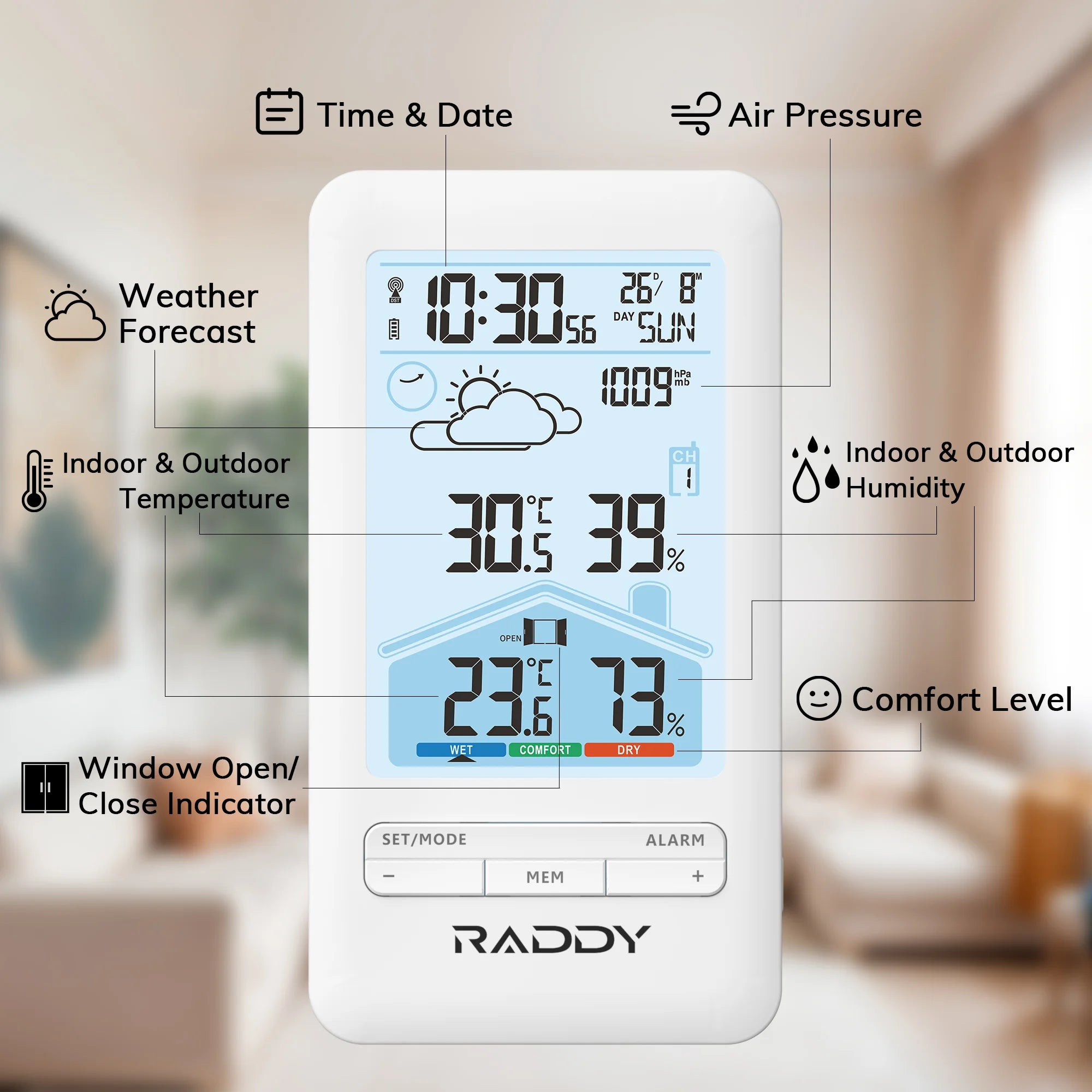 Raddy Raddy V4 Wireless Weather Station with various functions displayed on a blurred indoor background