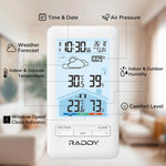 Load image into Gallery viewer, Raddy Raddy V4 Wireless Weather Station with various functions displayed on a blurred indoor background
