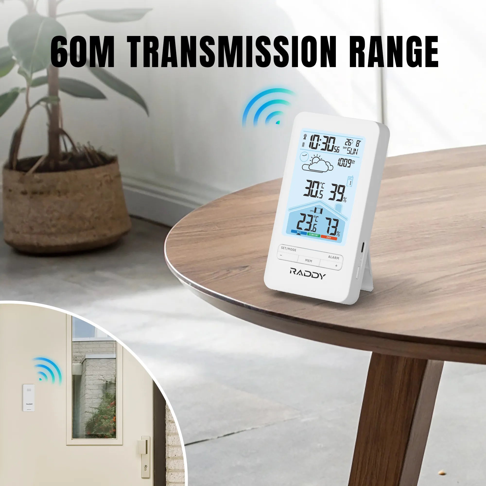 Raddy V4 Wireless Weather Station thermometer on a table with '60M Transmission Range' text and a small inset showing a door with a remote control.