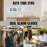 Load image into Gallery viewer, Digital clock with dual alarm feature and time sync capability, shown in a living room setting.
