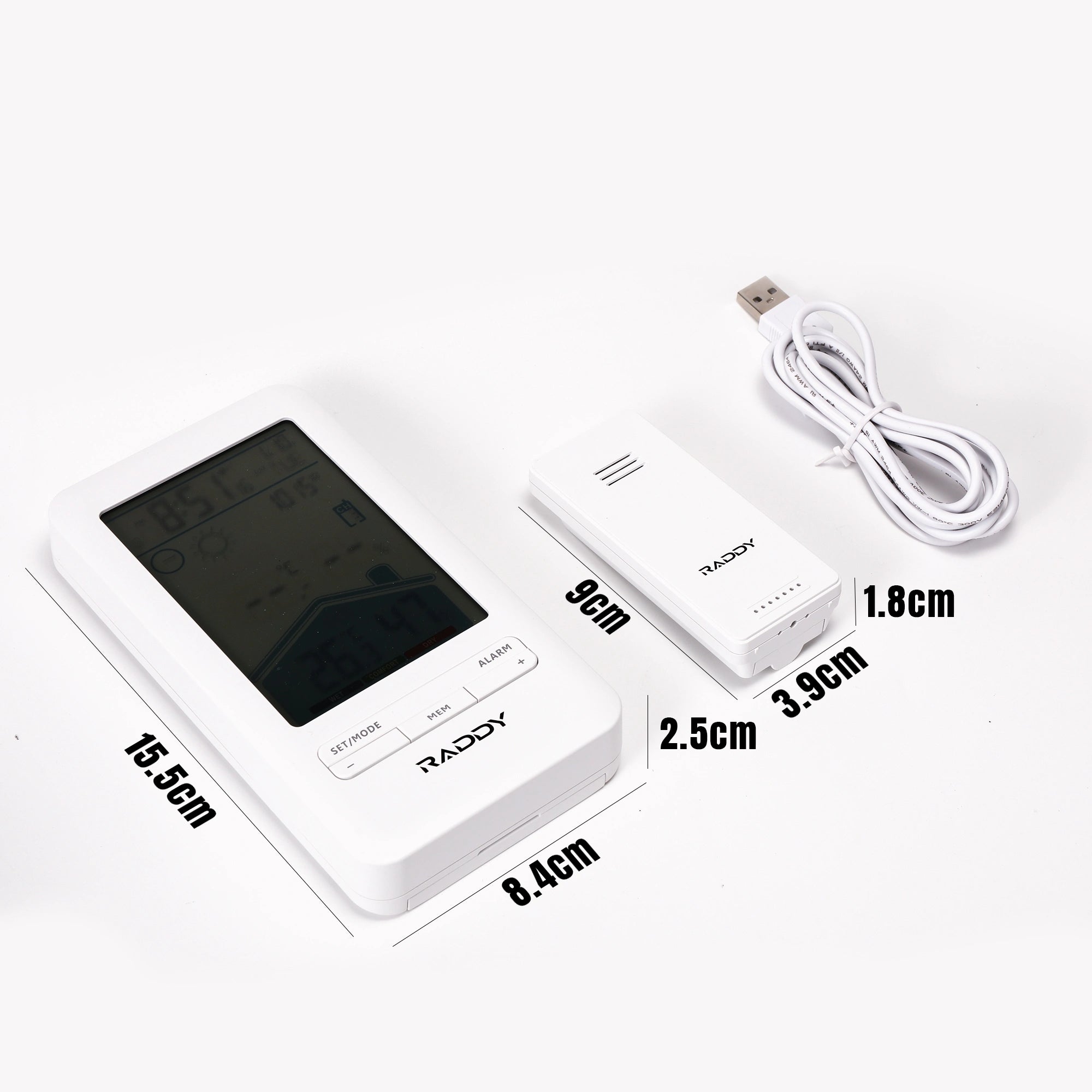 Raddy V4 Wireless Weather Stationwith USB cable and measurements on a white background