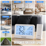 Load image into Gallery viewer, Raddy digital thermometer and humidity monitor with various room types shown above it.
