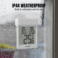 Raddy WT-1 Digital Window Thermometer on a wet window with 'IP44 Weatherproof' text