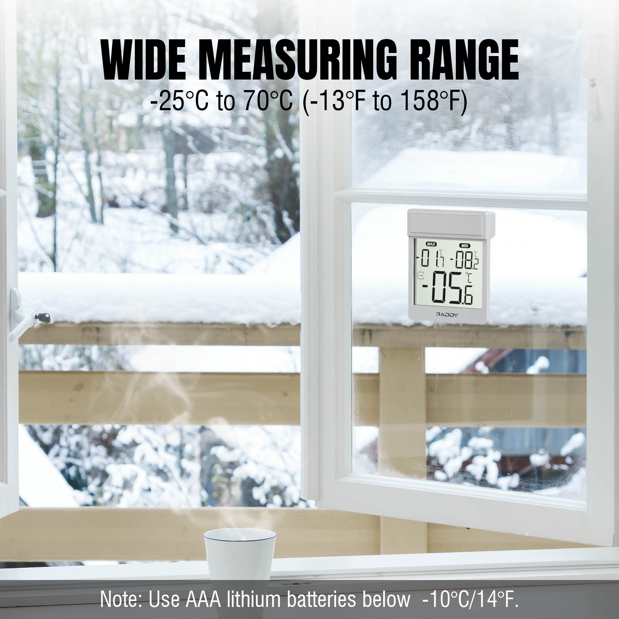 Raddy WT-1 Digital Window Thermometer on a window sill with a snowy outdoor view