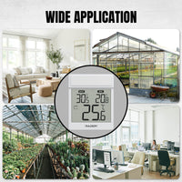 Raddy WT-1 Digital Window Thermometer with a collage of indoor and outdoor settings, including a greenhouse and office.