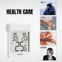 Raddy WT-1 Digital Window Thermometer with health care theme and images of people experiencing cold, arthritis, allergies, and headaches.