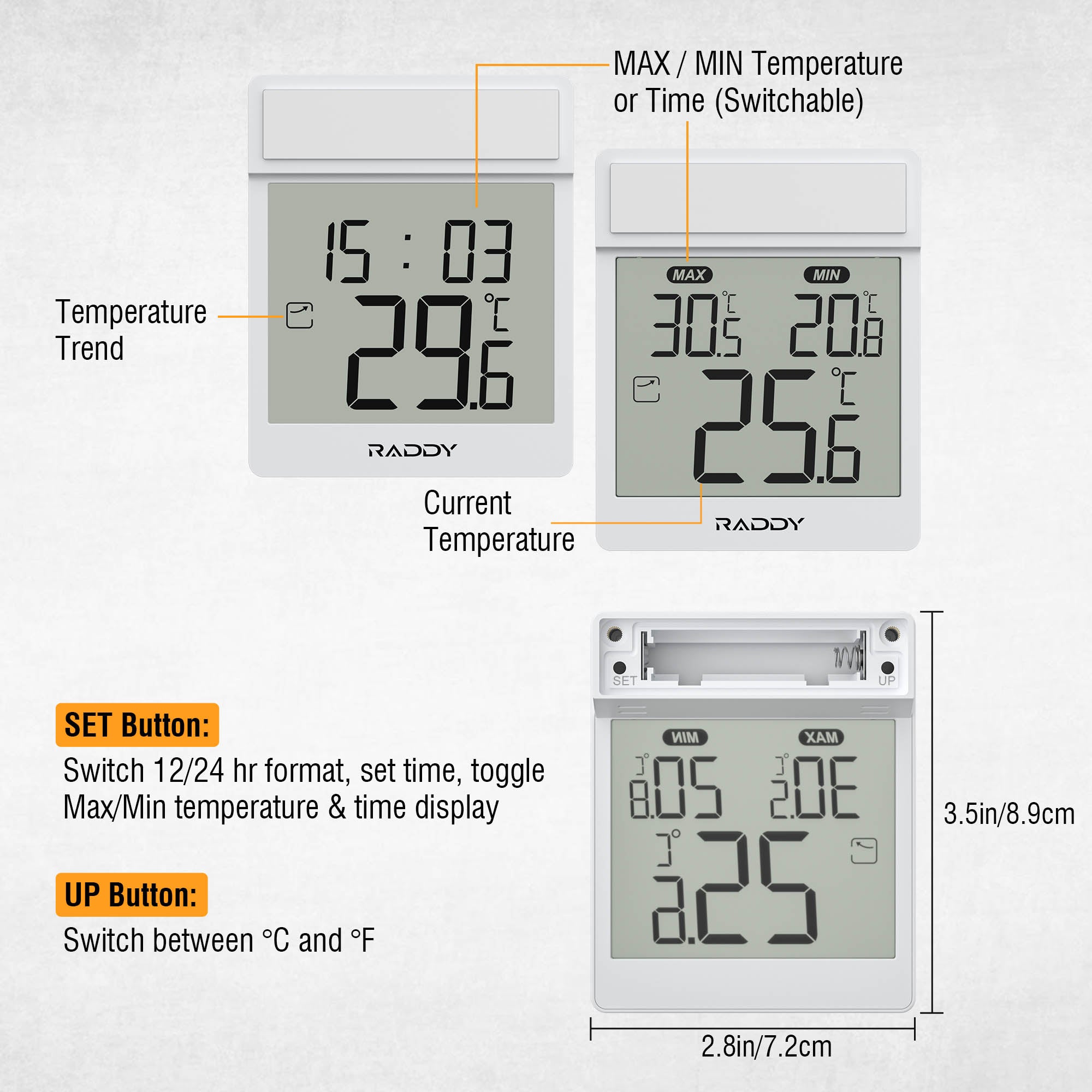 Raddy WT-1 Digital Window Thermometer with labeled features on a white background