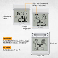 Raddy WT-1 Digital Window Thermometer with labeled features on a white background