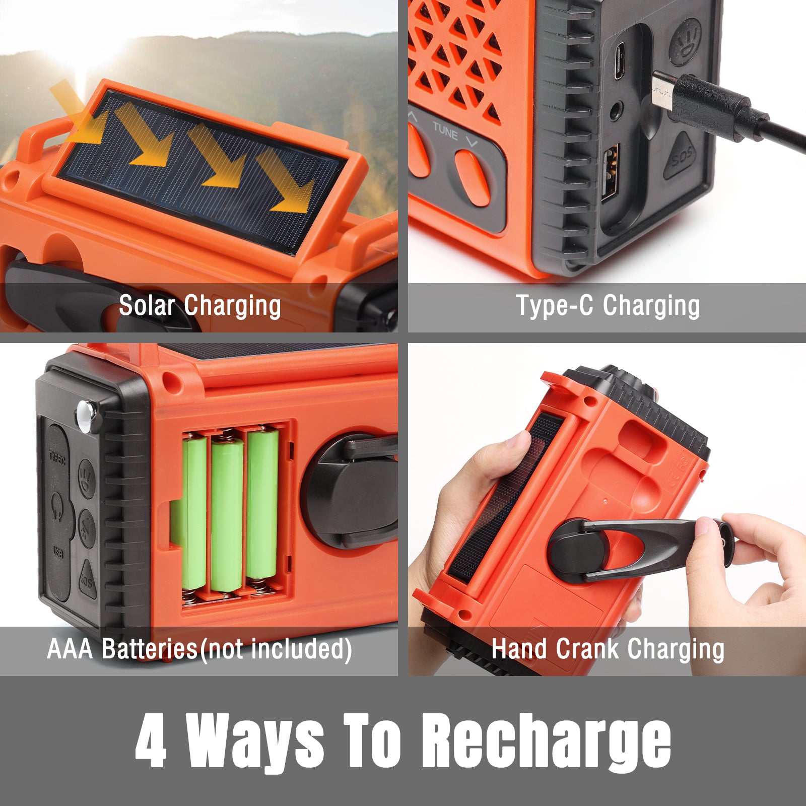 SD10 DAB/DAB+ Emergency Radio supports 4 ways to recharge 