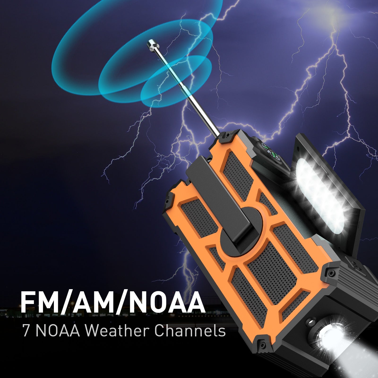 SW5 Emergency Radio supports FM, AM, and NOAA