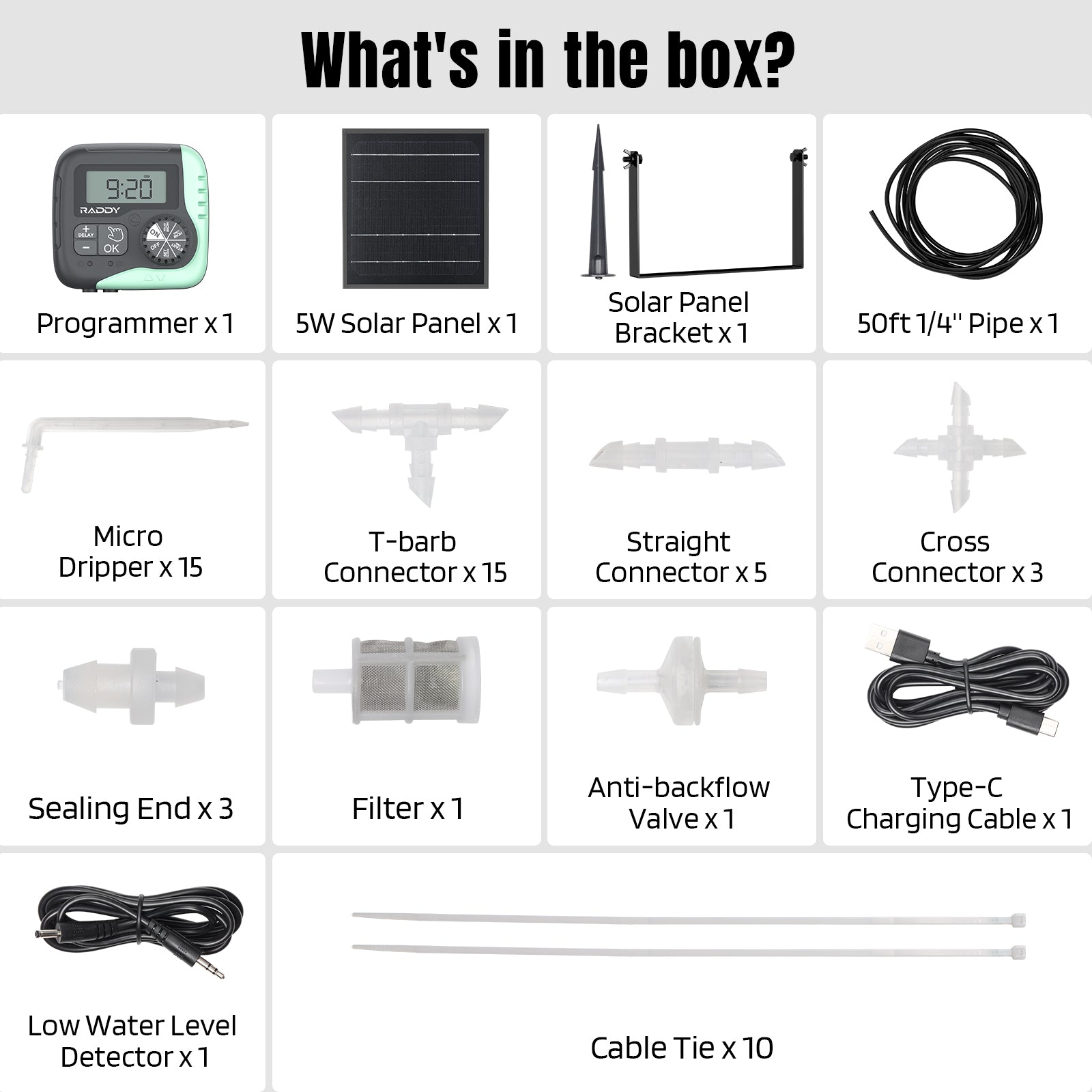 WS-1 Solar Drip Irrigation Kit package content 