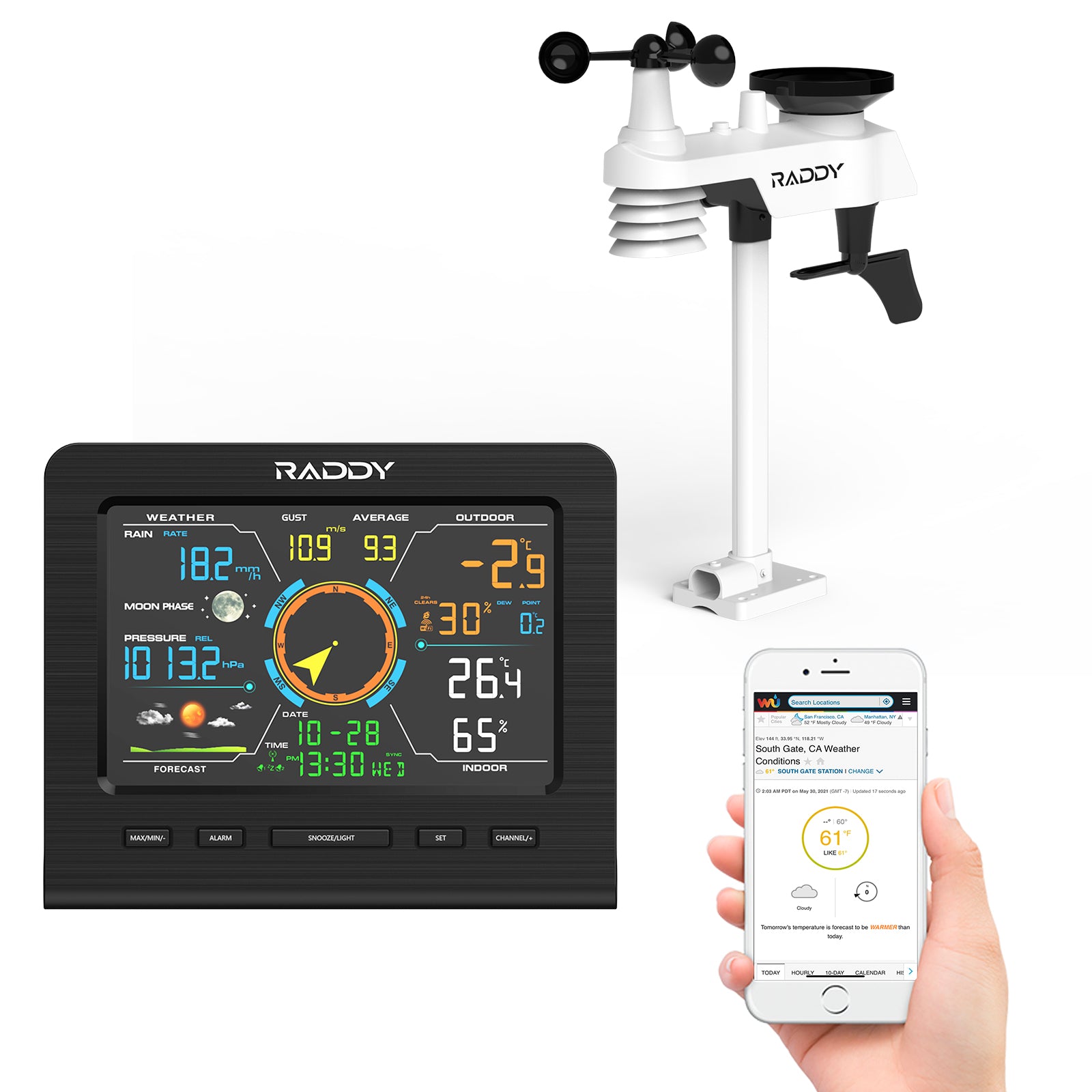Raddy WF-100C Wi-Fi Weather Stations with Wireless Indoor Outdoor